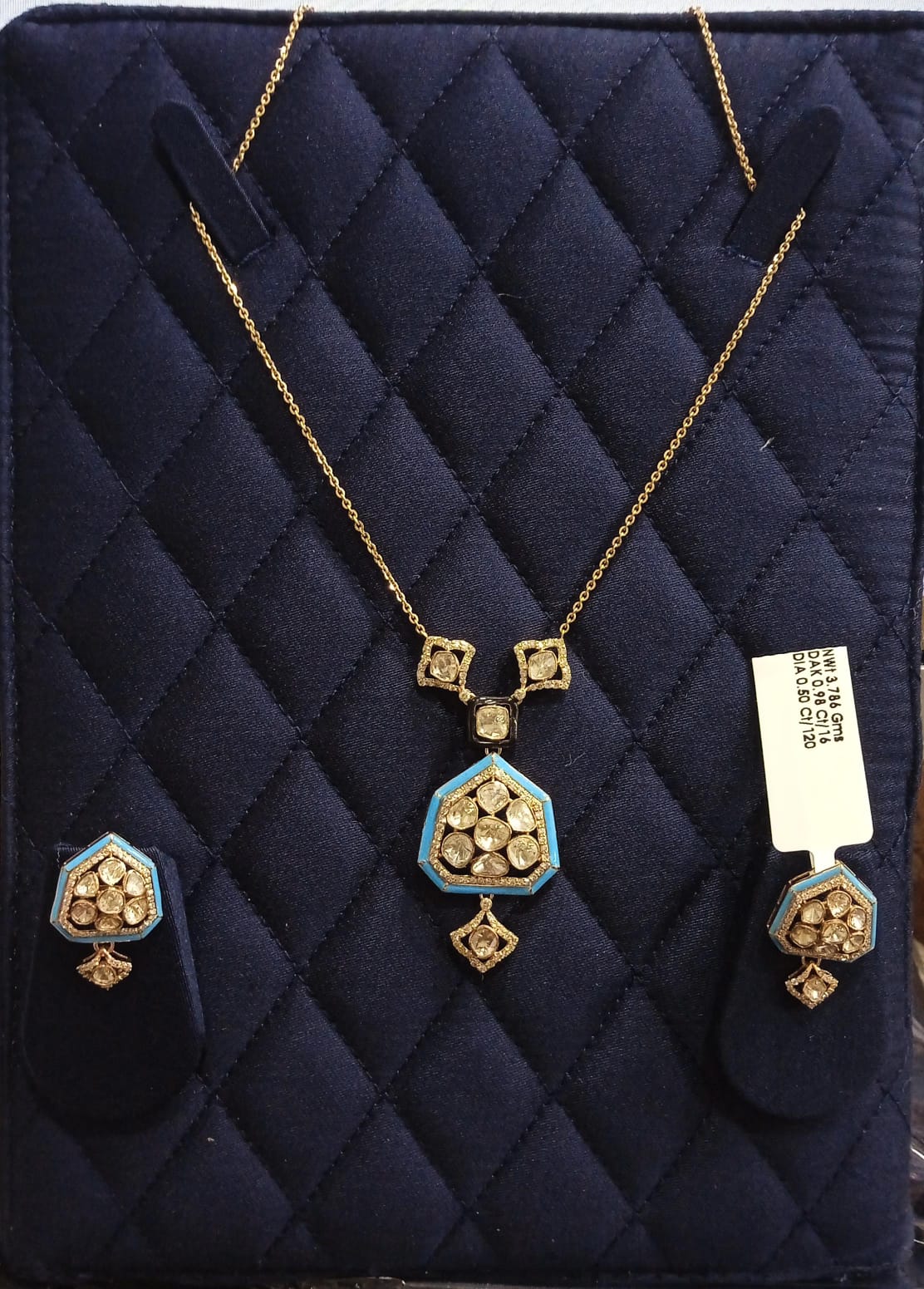 Light Weight Polki Pendant and Earrings set with Blue Enamel