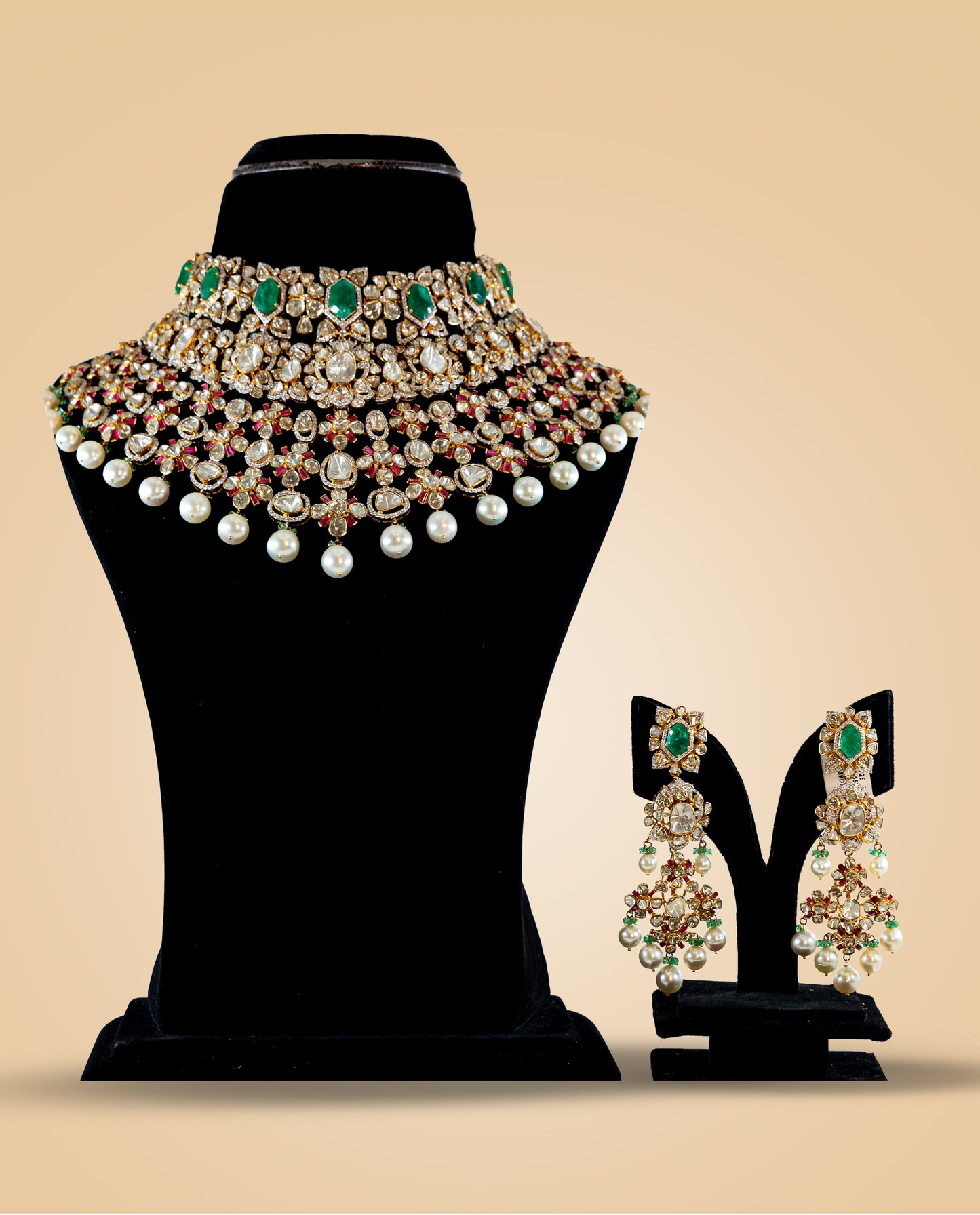 Stunning layered Polki Bridal Chocker with Earrings in Emerald, Ruby and Pearl