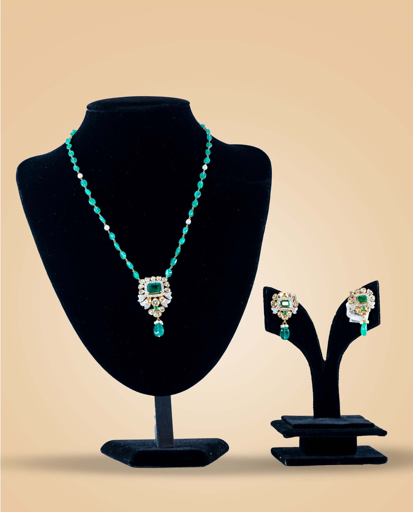 Light Weight Emerald Beads with Polki Pendant and Earrings