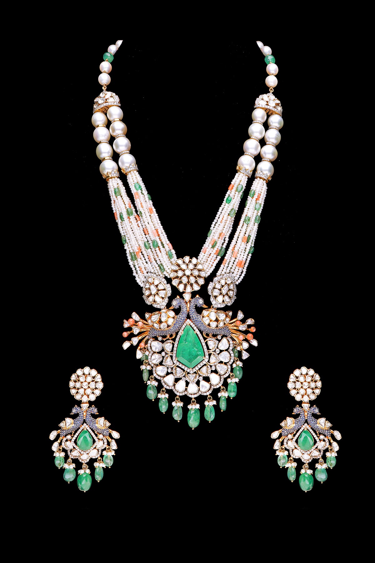 Polki Pearl Mala with Coral and Emerald Beads in Peacock Pendant and Earrings - Haram & Earrings