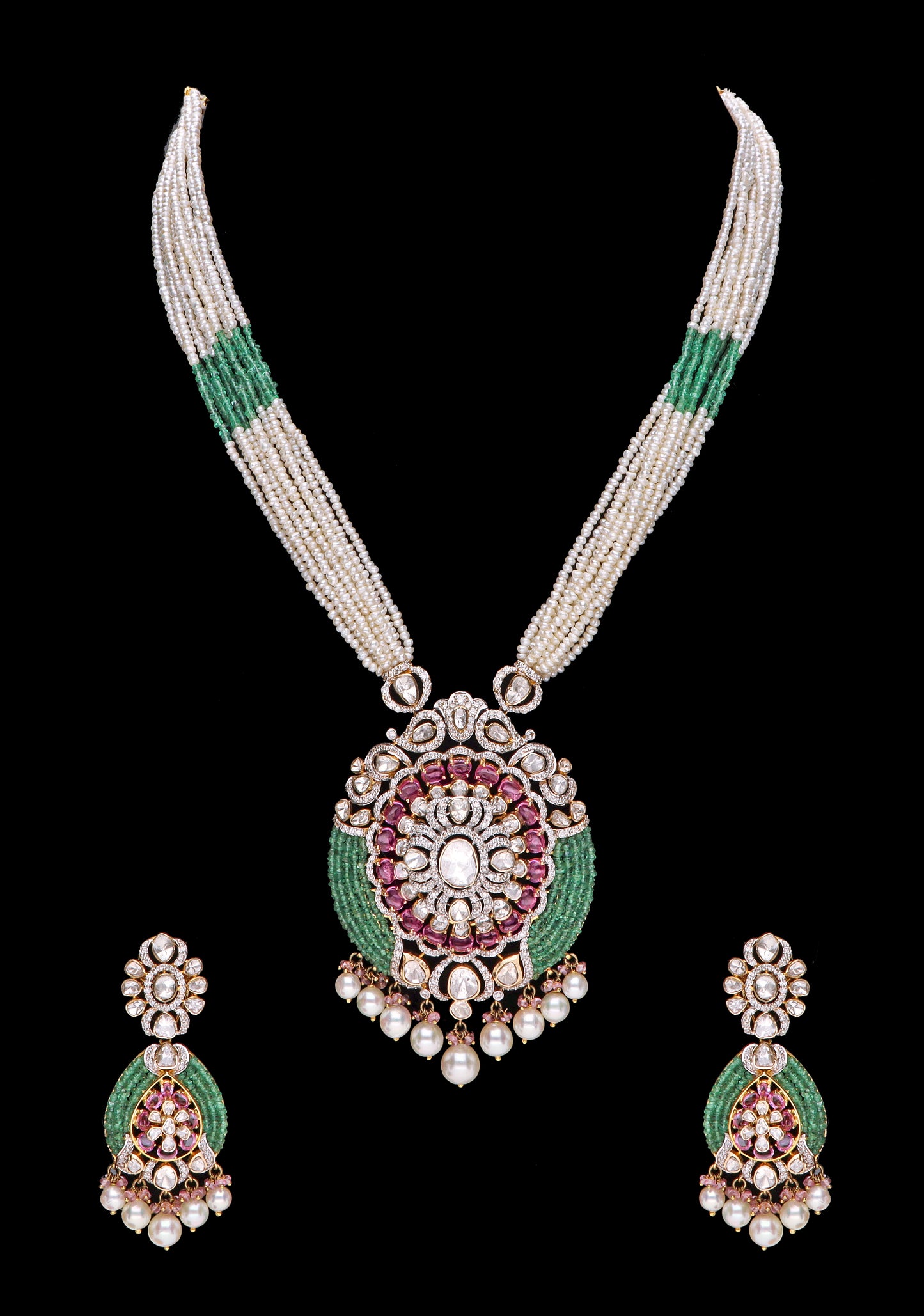 Polki Pearl mala with Emerald and Ruby Pendant and Earrings