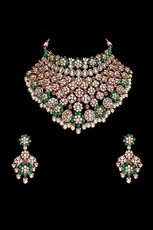 Bridal Polki Chocker and Earrings set with Emerald and Ruby Pota