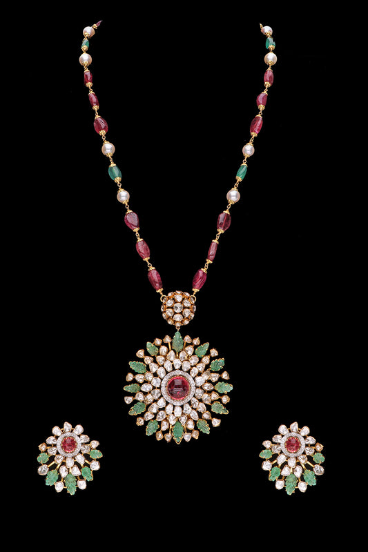 Light Weight Polki Multi Color Bead Necklace and Earring set