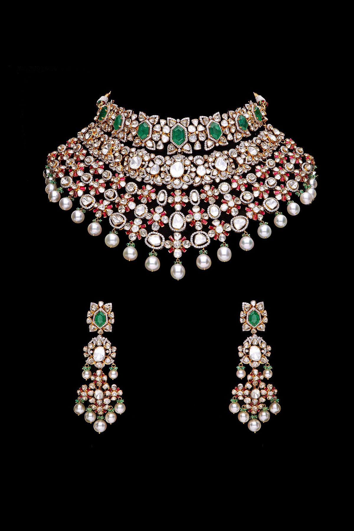 Stunning layered Polki Bridal Chocker with Earrings in Emerald, Ruby and Pearl