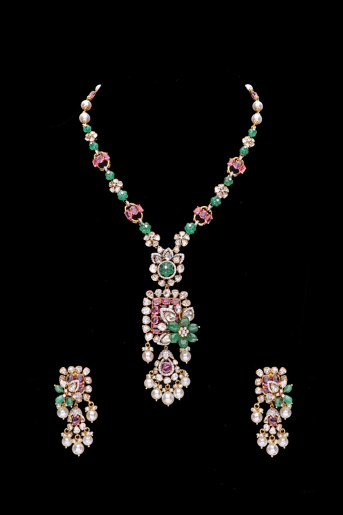 Light Weight Polki Neckpiece with Earrings in Emerald and Tourmaline