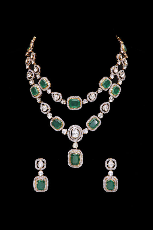 Elegant 2-Layered Polki with Emerald Necklace and Earrings