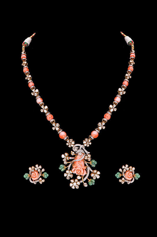 Polki with Coral flower neckpiece set