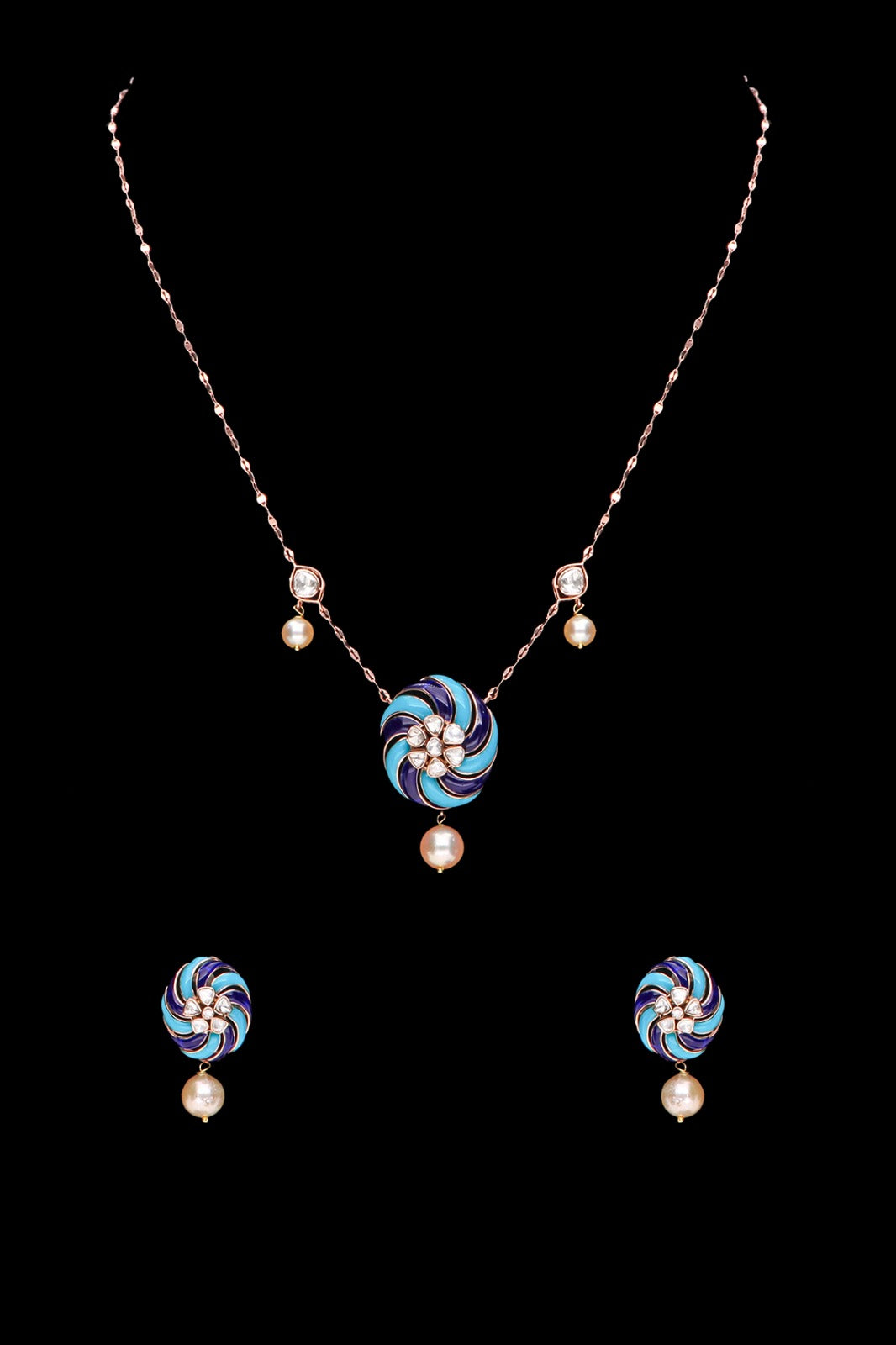 Light Weight Polki Pendant and Earring set In deep blue and blue enamel