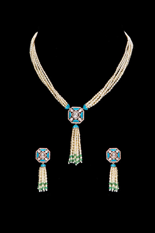 Polki Pearl Necklace  with Aquamarine Pendant and Earrings