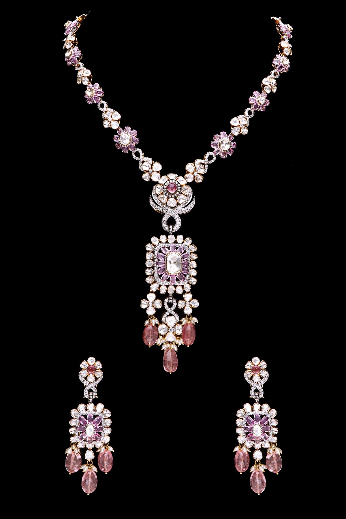 Luxurious tourmaline necklace with Polki diamonds and pearls - Necklace + Ear??